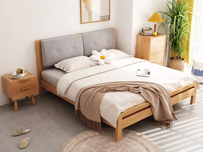 Wooden Double Bed With Gray Headboard White Sheets Round Woven Rug Green Plant Sunlight 3d model