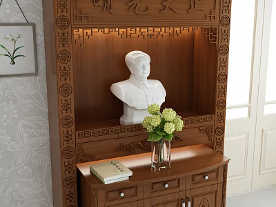Wooden Carved Buddhist Shrine Cabinet with White Statue Flowers and Book 3d model