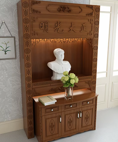 Wooden Carved Buddhist Shrine Cabinet with White Statue Flowers and Book 3d model