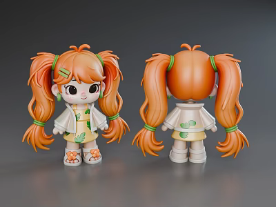 Anime Game Character With Orange Twin Ponytails White Green Outfit Sandals Front Back Views 3d model