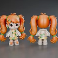 Anime Game Character With Orange Twin Ponytails White Green Outfit Sandals Front Back Views