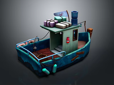 Small Blue Cargo Boat Featuring Cabin Packages Chimney Lifebuoy And Oar 3d model