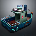 Small Blue Cargo Boat Featuring Cabin Packages Chimney Lifebuoy And Oar