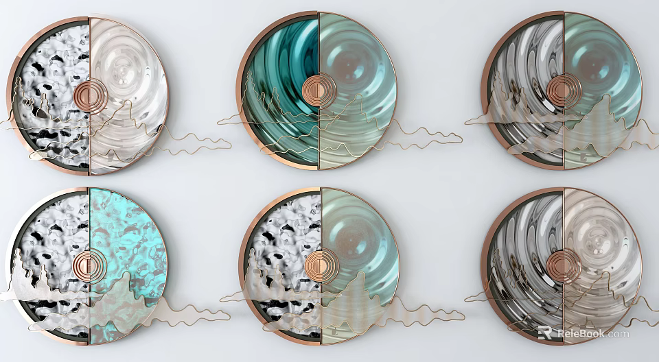 Elegant Circular Wall Decor with Copper Frames Wave Patterns and Various Colors Design 3d model