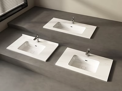 Three White Ceramic Washbasins With Silver Faucets On Gray Stone Countertop 3d model