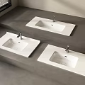 Three White Ceramic Washbasins With Silver Faucets On Gray Stone Countertop
