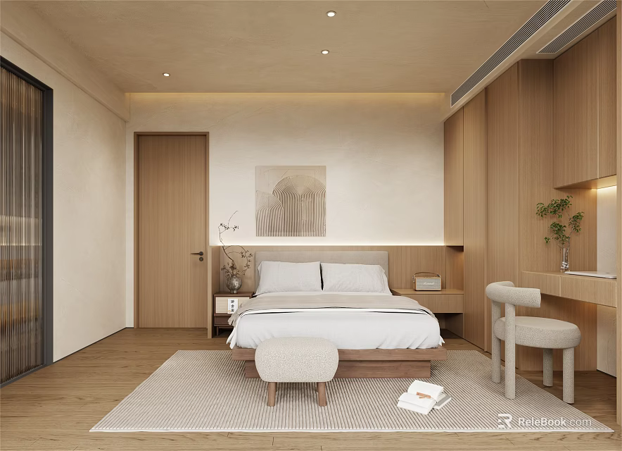 Minimalist Bedroom Interior With Wooden Cabinets Beige Walls Bed Rug And Dressing Table 3d model 