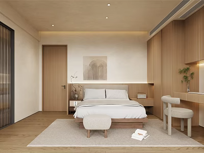 Minimalist Bedroom Interior With Wooden Cabinets Beige Walls Bed Rug And Dressing Table 3d model
