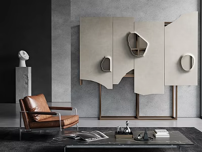 Modern Wine Cabinet With Beige Panels Wooden Frame And Unique Cutout Designs 3d model