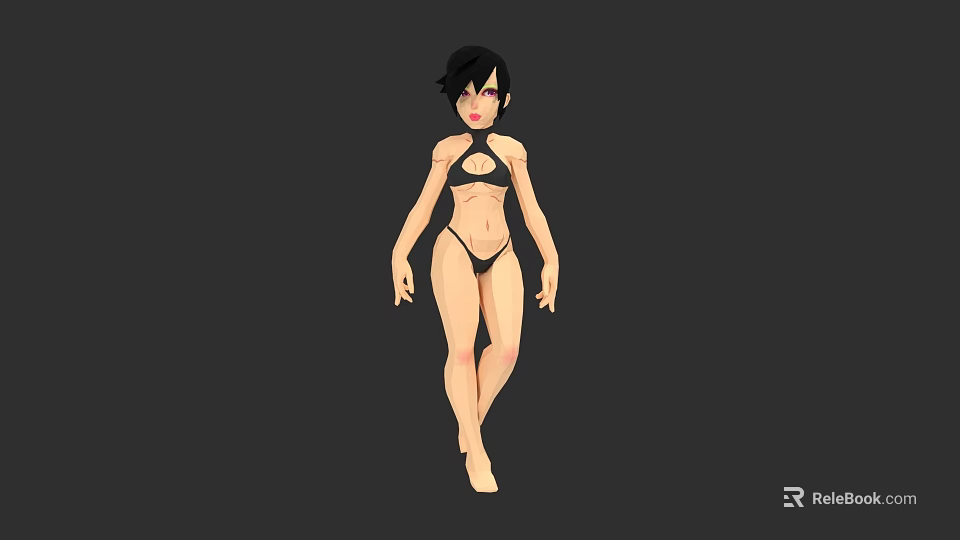 Cartoon Woman With Short Black Hair Wearing Black Bikini On Gray Background 3d model 