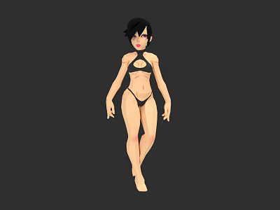 Cartoon Woman With Short Black Hair Wearing Black Bikini On Gray Background 3d model