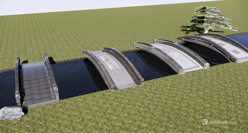 Modern Landscape Bridge with Multiple Arched Design Over Reflecting Water in Green Grassy Area 3d model 