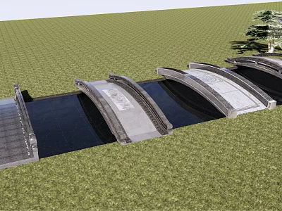 Modern Landscape Bridge with Multiple Arched Design Over Reflecting Water in Green Grassy Area 3d model