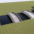 Modern Landscape Bridge with Multiple Arched Design Over Reflecting Water in Green Grassy Area