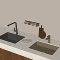 Kitchen Sink Countertop With Light Surface Double Sinks Faucets Wall Rack Mugs Wooden Cutting Board