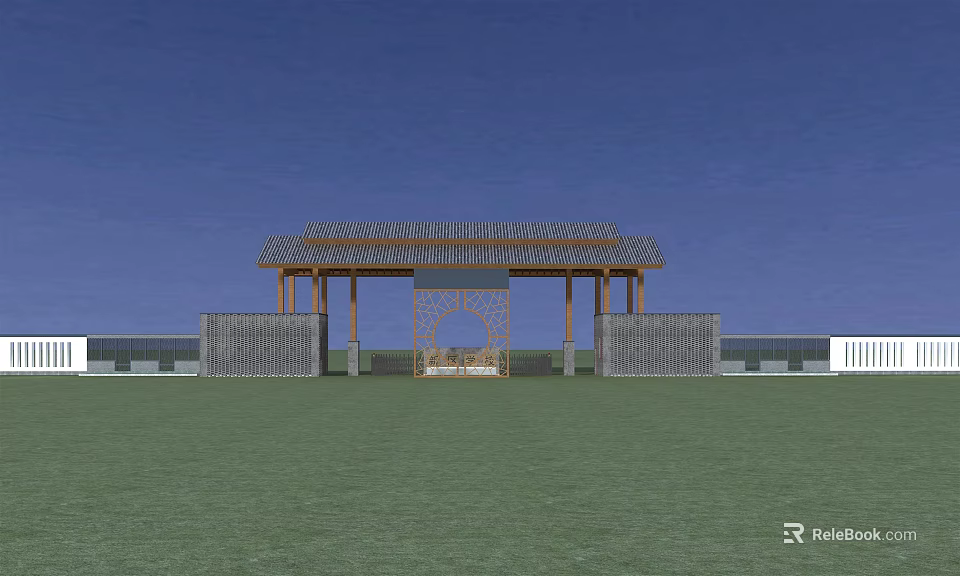 Wooden Latticed Entrance Gate With Side Walls And Green Lawn Under Blue Sky 3d model 