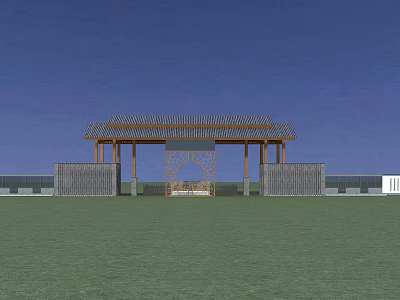 Wooden Latticed Entrance Gate With Side Walls And Green Lawn Under Blue Sky 3d model