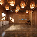Modern Public Restroom With Wooden Walls Cubicles Sinks And Mirrors