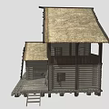Rustic Log House Architecture With Thatch Roof Wooden Porch Ladder And Wheel Accents