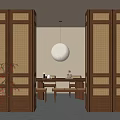 Modern Wooden Partition with Grid Design and Translucent Panels in Dining Interior 3d model