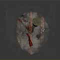 Red Rifle Military Cap Bloodstain And Silver Flask On Brick Pavement