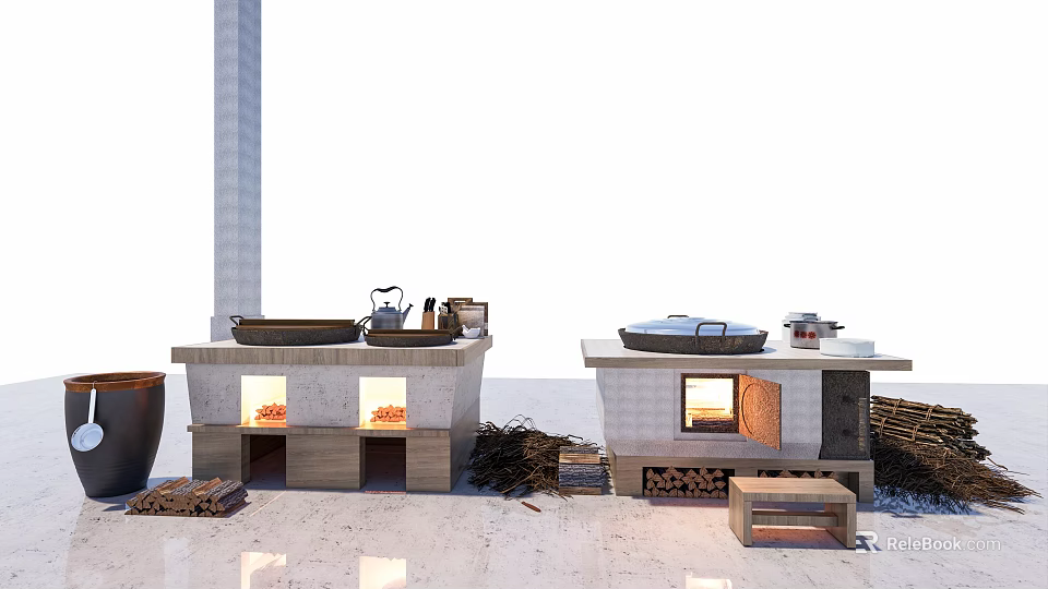 Rustic Kitchen Cabinets With Stone Countertops And Wood Burning Stoves 3d model 