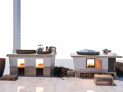 Rustic Kitchen Cabinets With Stone Countertops And Wood Burning Stoves 3d model