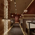 Elegant Modern Restaurant Interior With Wooden Screen Pendant Lights And Green Plants