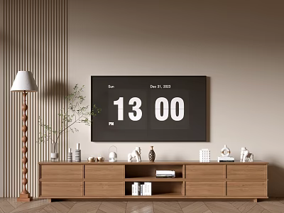 Natural Wooden TV Stand With Decorative Ornaments And Floor Lamp By Vertical Wall Panels 3d model