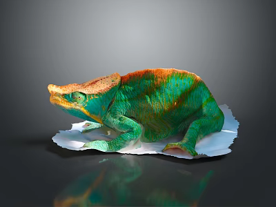 Vibrant Green And Orange Chameleon With Crested Head On White Base Against Dark Background 3d model