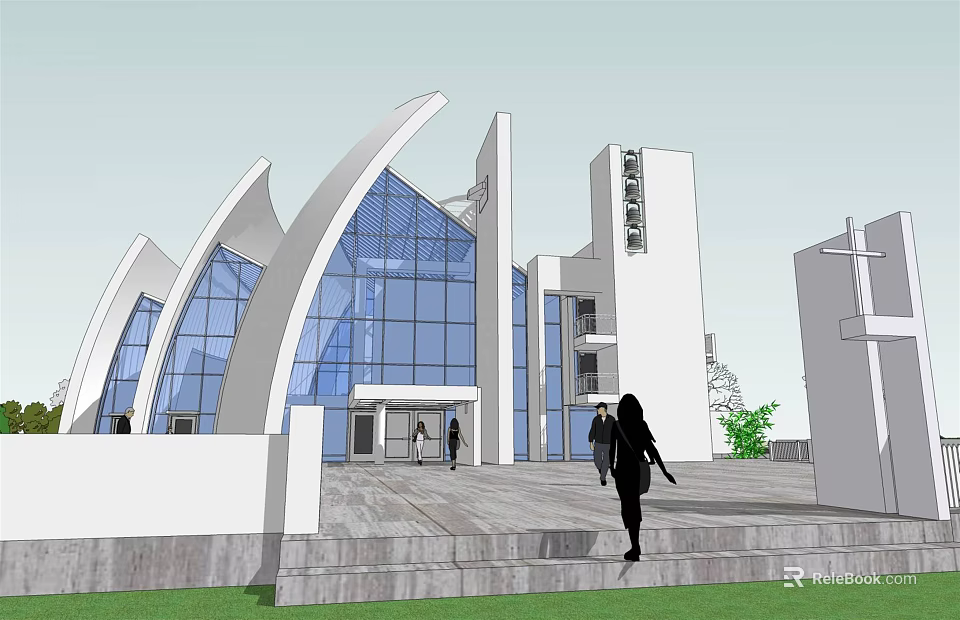 Ancient Architecture Featuring White Curved Structures Glass Curtain Walls Tower People Walking On Stone Pavement 3d model 