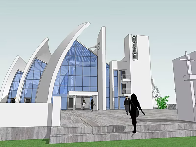 Ancient Architecture Featuring White Curved Structures Glass Curtain Walls Tower People Walking On Stone Pavement 3d model