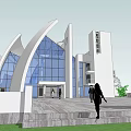 Ancient Architecture Featuring White Curved Structures Glass Curtain Walls Tower People Walking On Stone Pavement