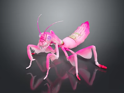 Pink Mantis Figurine With Long Antennae Transparent Wings And Reflective Surface 3d model