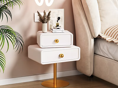 Modern Bedroom With Peach Wall White Nightstand Gold Base Green Plant And Beige Sofa 3d model