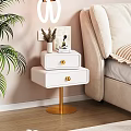 Modern Bedroom With Peach Wall White Nightstand Gold Base Green Plant And Beige Sofa