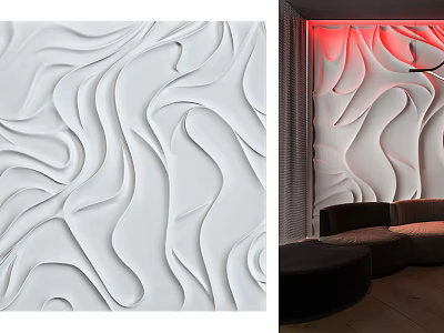 Wave Pattern Wall Panel Design For Modern Interior With Sofa And Red Lighting 3d model