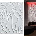 Wave Pattern Wall Panel Design For Modern Interior With Sofa And Red Lighting