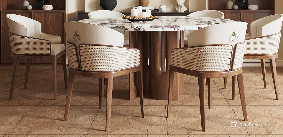 Elegant Round Dining Table Set With Marble Top And Woven Wooden Chairs 3d model 