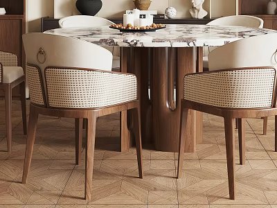 Elegant Round Dining Table Set With Marble Top And Woven Wooden Chairs 3d model