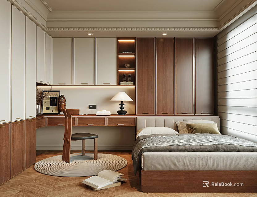 Modern Tatami Bedroom Interior With Wooden Cabinets Desk Chair Bed And Window 3d model 