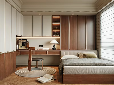 Modern Tatami Bedroom Interior With Wooden Cabinets Desk Chair Bed And Window 3d model