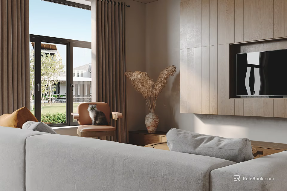 Modern Living Room Interior With Beige Sofa Coffee Table Set Wooden Decor And Natural Light 3d model 