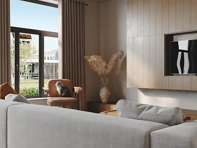 Modern Living Room Interior With Beige Sofa Coffee Table Set Wooden Decor And Natural Light 3d model
