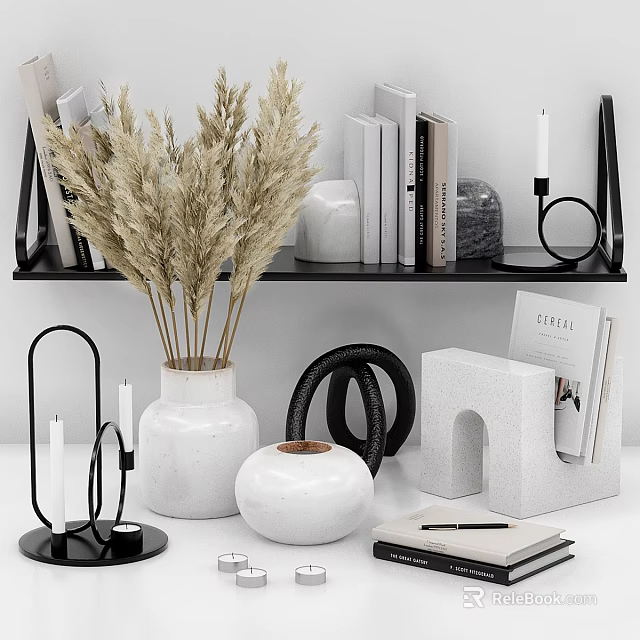 Modern Decorative Ornament Set With Dried Pampas Grass White Vases Candles Geometric Pieces And Books 3d model 