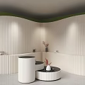 Curved White Vertical Stripe Screen In Green Wall Room With Round Tables Vases And Lighting