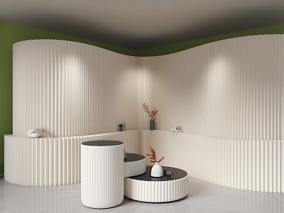 Curved White Vertical Stripe Screen In Green Wall Room With Round Tables Vases And Lighting 3d model