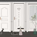 White Hinged Doors With Different Designs In Modern Interior Space With Decorative Plants And Table 3d model