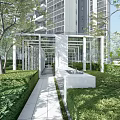 Courtyard Garden Featuring Lush Green Plants White Framed Structures And Stone Paved Pathways