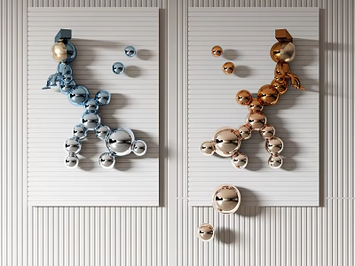 Modern Blue and Gold Spherical Wall Decor Hanging on Vertical Striped White Wall 3d model